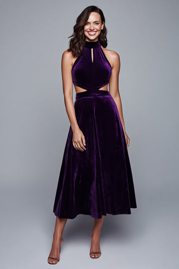Purple Cut Out A-Line Velvet Halter Holiday Dress